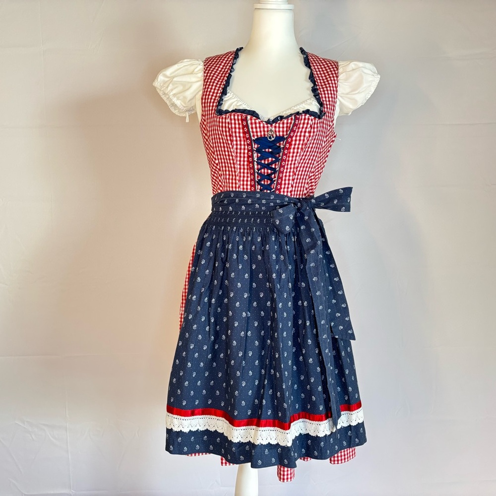 German Landhaus Dirndl Set Red Check w/ blouse & apron US 6-8